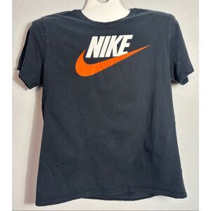 Nike T-Shirt Mens Large Black Dri Fit Tee Center Swoosh Logo Orange Short Sleeve
